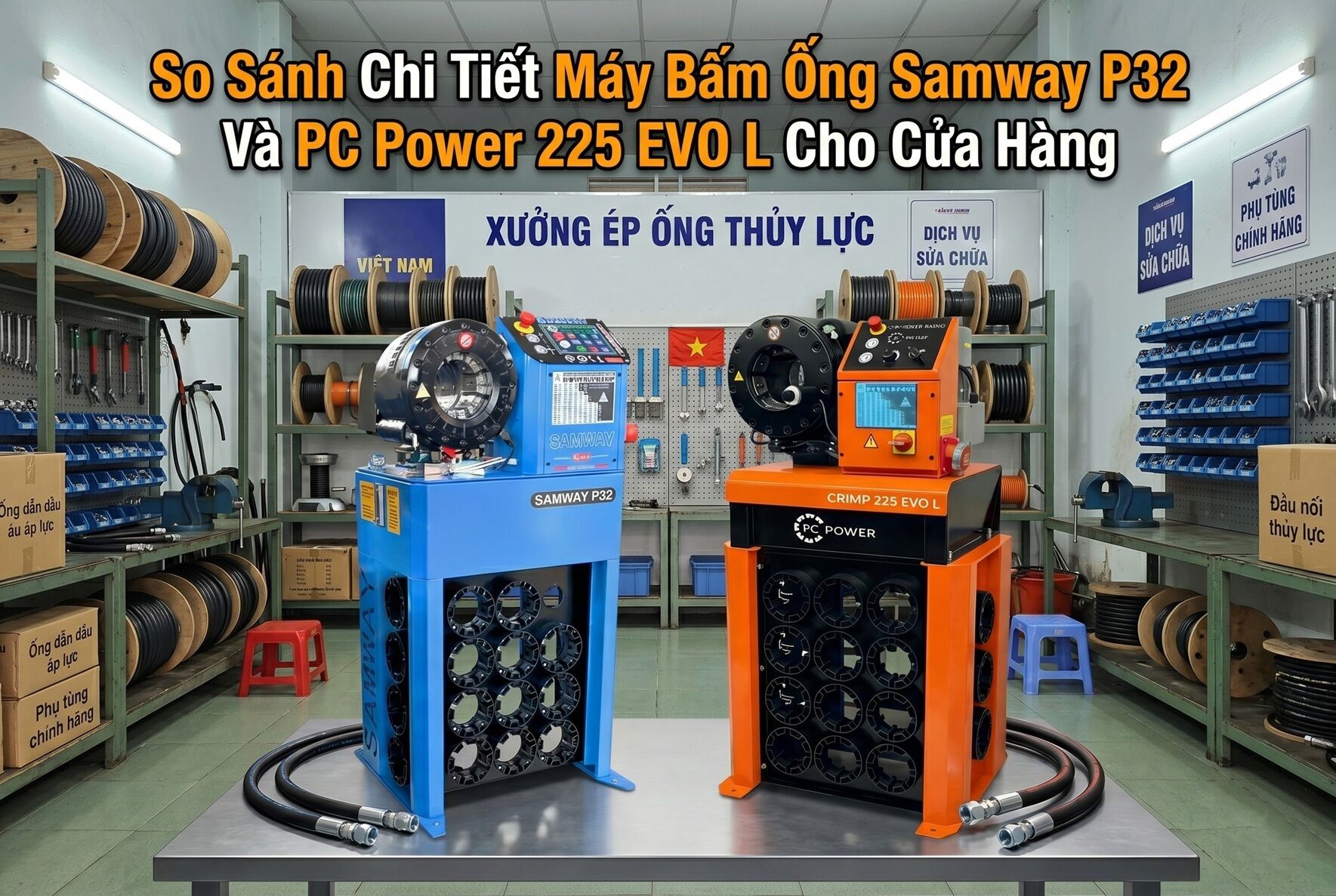 So Sánh Chi Tiết Máy Bấm Ống Samway P32 Và PC Power 225 EVO L Cho Cửa Hàng