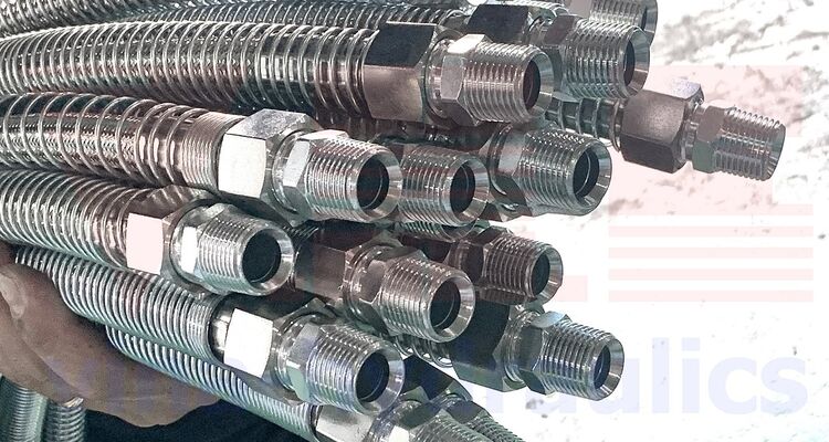 Specializing supply of 1/2'' Teflon hydraulic hose with spring wrapping and pipe pressing services.