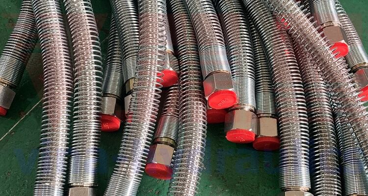 Processing Teflon 1/2'' hydraulic hose covered with stainless steel mesh - stainless steel spring and stainless steel crimping fittings