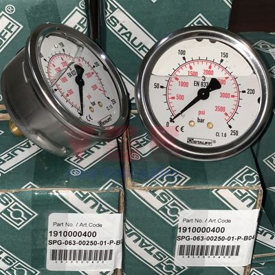Đồng hồ đo áp suất có dầu thủy lực 250 Bar, mặt D63, chân lưng, SPG-063-00250-01-P-B04, 1910000400